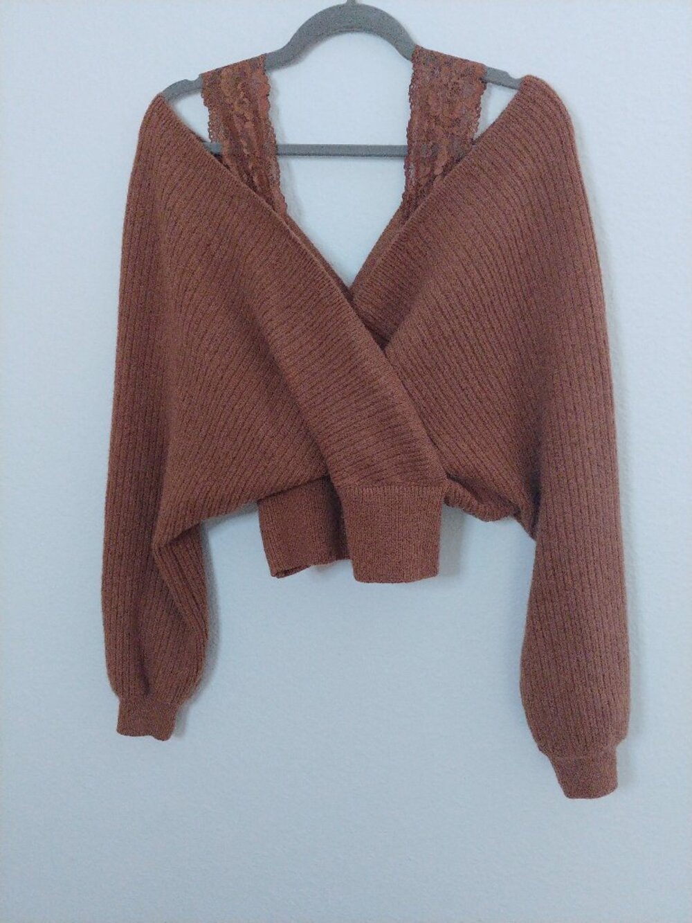 Cider Brown Off-Shoulder Wrap Knit Sweater with Lace Detail